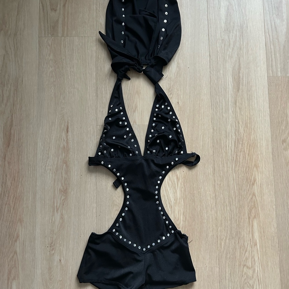 Black Halter Cutout Rave Fit with Silver Accents and Hood